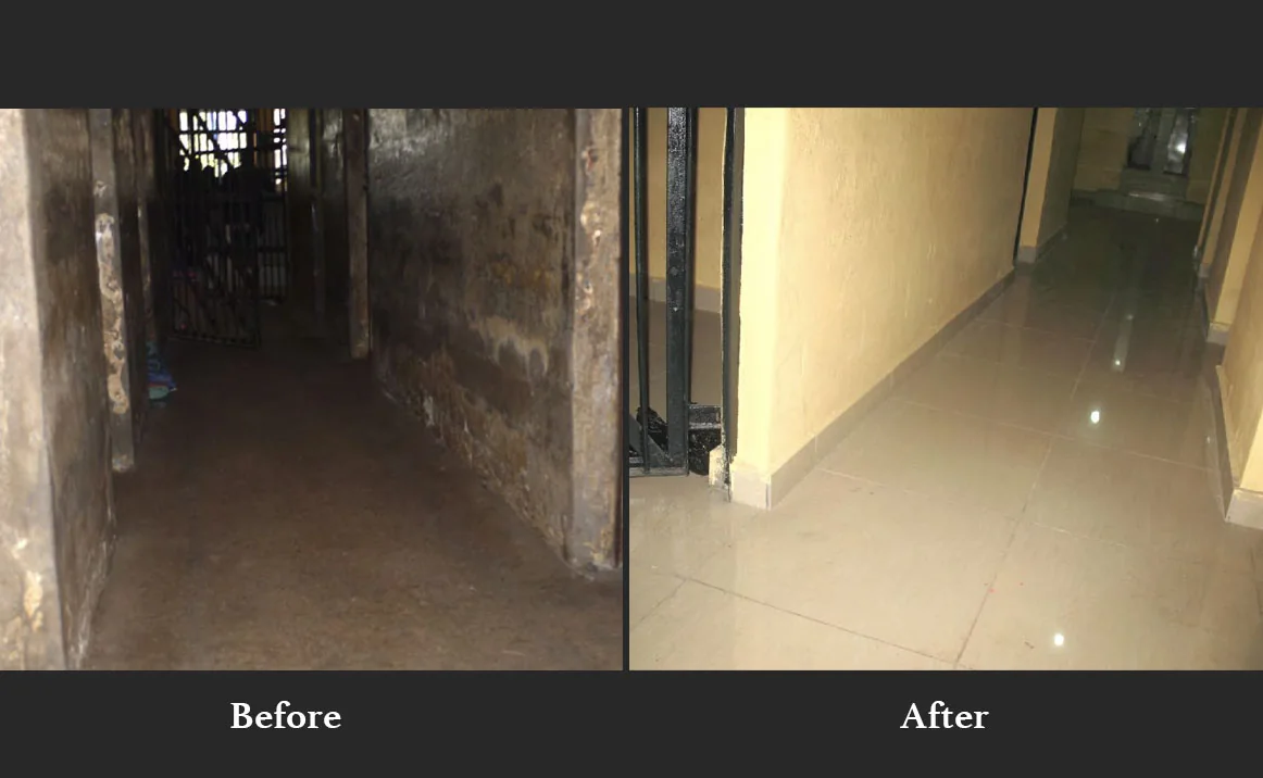 Before and after: a prison cell corridor renovated.